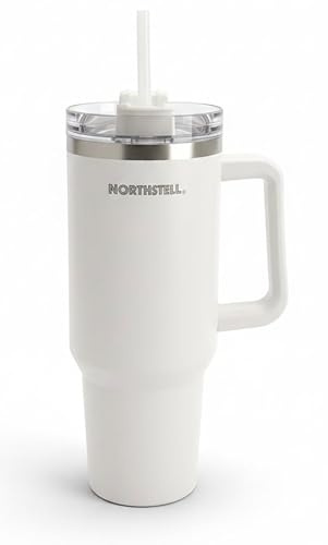 NORTHSTELL Bicchiere Termico 40oz (1,18 Litri) con Cannuccia e Manico - Tazza Termica in Acciaio Inox Senza BPA per Auto - Mantiene Ghiaccio e Caldo, Compatibile con Portabicchiere (Bianco)