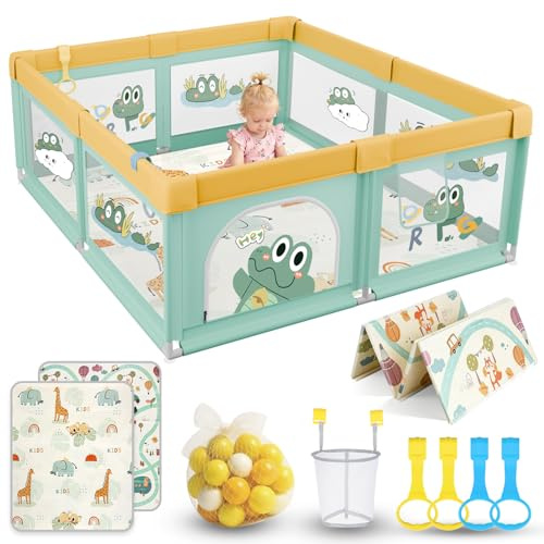 SOFTHOM Parque Infantil Bebe 150x200 con Alfombra, Corralito Bebe con 360° Malla Transpirable+Tela Oxford+Base Antideslizante+ bolas+agarraderas+Canasta de Juego+Bolsas de Transporte, Cocodrilo verde