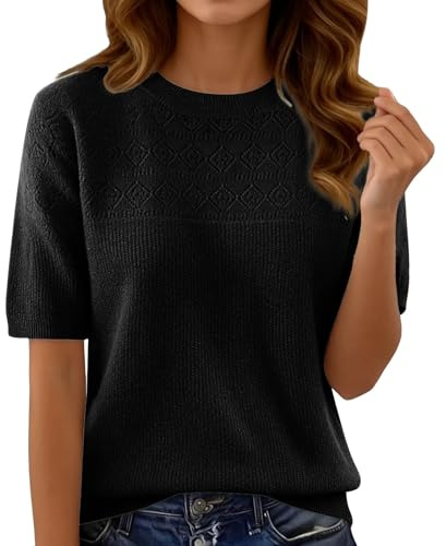 Jersey de manga corta para mujer primavera 2026 moda cuello redondo camiseta de punto elegante ligero jersey de punto de verano monocolor suéter de punto suelto transpirable parte superior fina jersey