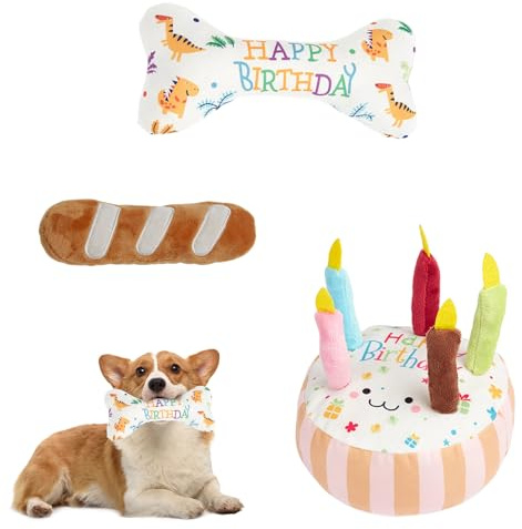 3Pcs Dog Birthday Toy Set,Soft Plush Cake Bone Bread Squeaky Chew Toys