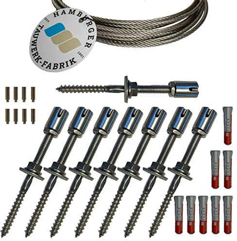 HAMBURGER TAUWERK-FABRIK EST. 1901 Rankhilfe/Ranksystem ''M'' aus Edelstahl - Wandabstand 50mm (Set 5) mit 8 Wandhaltern und 10m Drahtseil