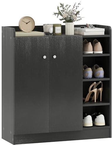 HOMCOM Scarpiera Ingresso con 4 Ripiani Aperti, Scarpiera Armadio Multiuso con Armadietto a 2 Ante e Ripiani Regolabili, Porta Scarpe Salvaspazio per 12 Paia, 83x30x90 cm, Nero