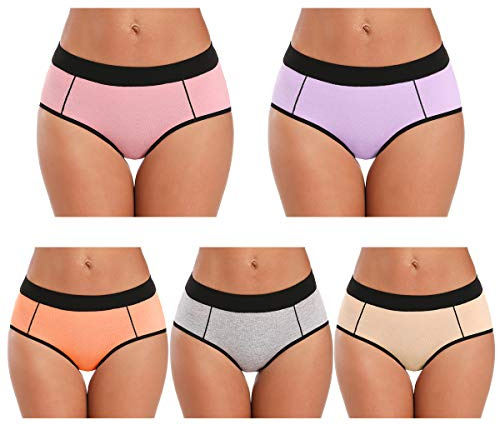 POKARLA Women's Cotton Stretch Underwear Ladies Mid Rise Briefs Panties Multipack 5-Pack(Medium)