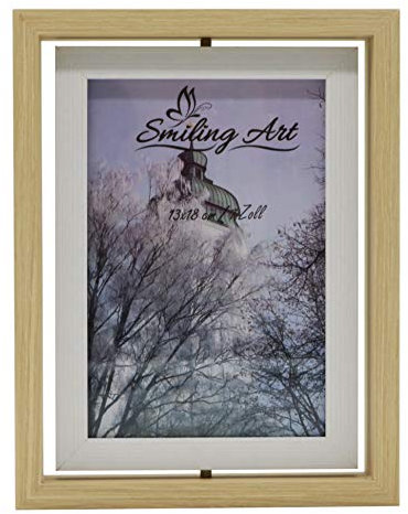 Smiling Art Marco para 2 fotos de madera MDF con cristal, giratorio, doble marco en formato apaisado y en formato retrato para ponerlo de pie (Beige + Blanco, 13 x 18 cm)