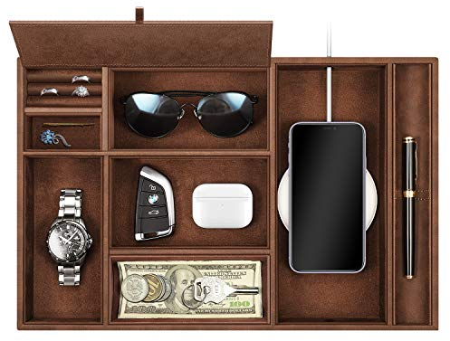 SITHON Svuotatasche Organizer Scrivania con 8 Scomparti, Vassoio Portaoggetti Organizzatore in PU, Comodino Contenitore per Portafoglio, Chiavi, Orologio, Portafoglio, Monete, Gioielli, (Marrone)