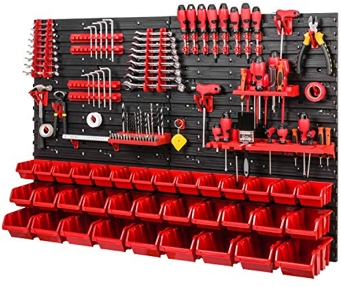 Boîtes à outils murales empilables 1152 x 780 mm - système de rangement SET porte-outils et boîte 34 pièces étagère murale d'atelier tiroirs perforée ouvertes, rouge