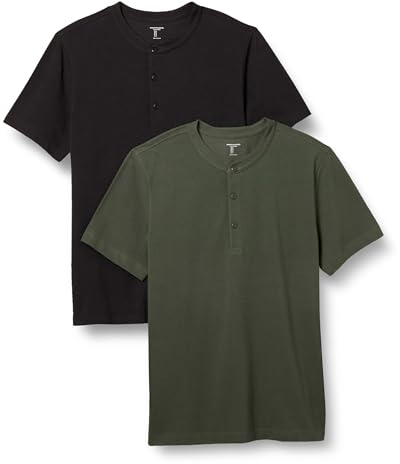 Amazon Essentials Camisa de manga corta Henley de piqué y corte entallado Hombre, Pack de 2, Negro/Verde Oliva, M
