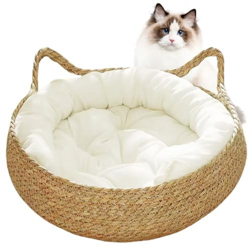 SMELEYOU Katzenkorb Zum Schlafen Katzenbett Katzenkissen 38x12 cm KatzenköRbchen 2 in 1 gewebtes Katzen Bett mit weichem Kissen Kratzfeste Kätzchen Bett gemütlich runde Katzensofa