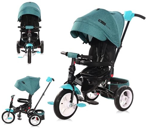 Lorelli Dreirad Jaguar ab 1 Jahr mit Schubstange, Sicherheitsgurt, 360 drehbar, Tricycle, Verstellbarer Elterngriff, Freilaufrad Funktion, Luftreifen, Getränkehalter, Spielzeugkorb, grün