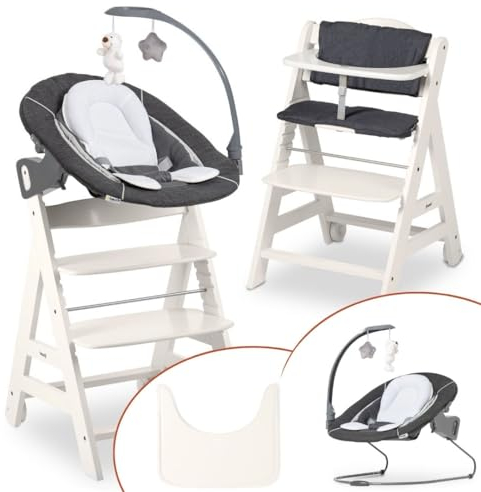 hauck Trona Beta Newborn Set de Trona Evolutiva Bebe apta desde el Nacimiento, Tronas de Bebe Evolutiva con Hamaca, Cojín y Bandeja, Silla Bebe Madera - White Melange Grey