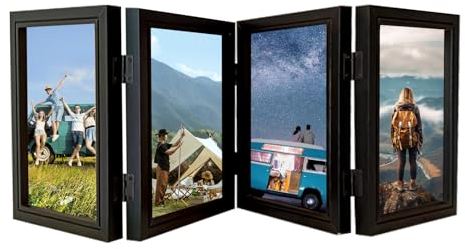 SPORWAY Cornice portafoto 10 x 15 cm per 4 foto pieghevole: cornice portafoto per foto multiple in legno con vetro cornice 3D per matrimonio, famiglia, bambino (nero)
