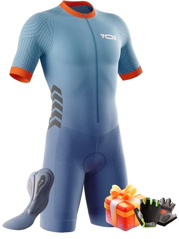 VOXCAUTQ Men's MTB Triathlon Tri Suit Padded Sleeveless Suit Great fit Cycling Skinsuit,Cycling Training Road Bike+Cycling Gloves (Typ-6,L)