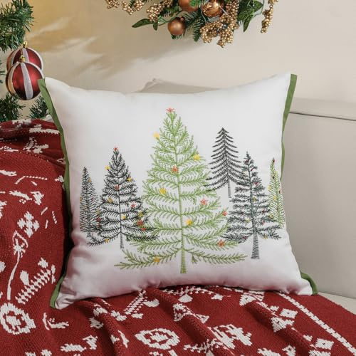 Lewondr Funda para Almohada de Navidad, 1PCS 45x45CM Funda Navideña para Cojín Bordada 6 Árboles de Navidad, Suave Transpirable Funda Decorativa para Almohada para Hogar Oficina Coche