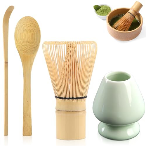 BLUESEABUY Matcha Set 4 Pièces Accessoire de Cérémonie du Matcha Cuillère Traditionnelle Fouet Chasen Cuillère à Thé Porte-Fouet en Céramique pour Préparer une Tasse de Thé Matcha