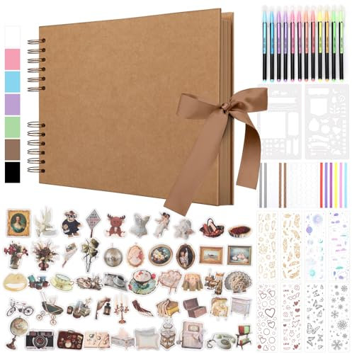 DazSpirit Album Photo Scrapbook, 80 Pages Livre Album Photo Rigide DIY Scrapbooking, Avec 12 Marqueurs et 7 Autocollants, Cadeau pour Anniversaire, Mariage, Voyage, Amis, Bébé, Kaki