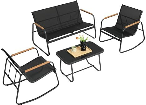 SONGMICS Gartenmöbel-Set, Balkonmöbel, 2 Schaukelstühle mit Tisch, Gartenbank, Stahl, Terrassenmöbel, mit Armlehnen, atmungsaktives Kunstfasergewebe, Terrasse, Balkon, Garten, tintenschwarz GGF0028B01