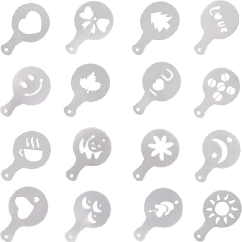 WeddHuis 16pcs Stencil per Cappuccino Set Spargizucchero Acciaio Inox Spargicacao Polvere per Caffè Cioccolata Calda Decorazione Pane