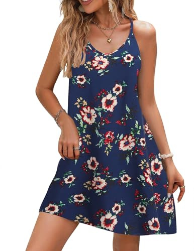 Zeagoo Abito estivo da donna boho con spalline sottili, sexy, senza maniche, da spiaggia, con fiori, per il tempo libero, Blu Navy Fiori, M