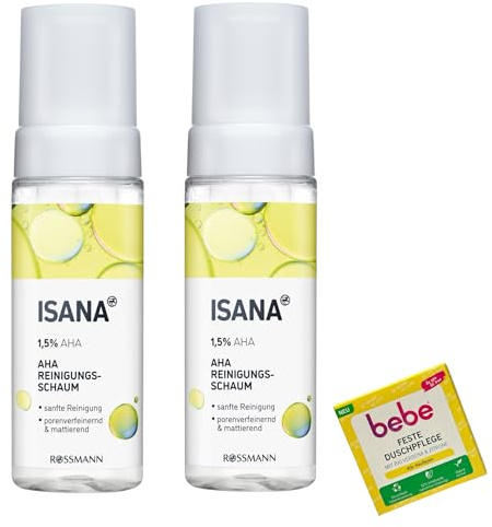 2 x espuma limpiadora ISANA AHA | refinadora de poros y matificante | 1,5% AHA | 2 x 165 ml (330 ml) | 1 x cuidado de ducha firme Bebe