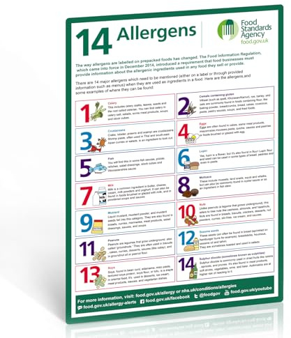 14 Food Allergens Poster 1 Pack, A4 297 x 210mm Self-Adhesive Vinyl Sign | FSA Compliant Food Allergen Notice, Waterproof, Oil-Resistant, UV Printed, For Kitchens And Restaurants