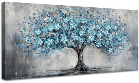 WENGTIAO Arbol de La Vida Azul Lienzo Cuadro Enmarcado Grande Vintage Floral Árbol Pintura Sobre Lienzos Cuadros Decoracion Salon Modernos Dormitorios Decorativos Pared Casa 120x50 cm