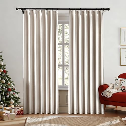Full Blackout Pinch Pleated Curtains for Bedroom Window Treatment Energy Efficient Thermal Insulated Drapes Ivory Back Tab 95 Inch Long Linen Strip Textured Weave Curtains with Hooks 40x95, 2 Panel
