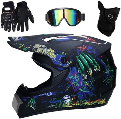 Adulto Casco Motocross con Gafas Máscara Guantes, Cara Completa MTB Enduro Casco de Moto, Unisexo Off Road ATV Scooter Quad Dirt Bike Chocar Casco(Blue,L(56~57cm))