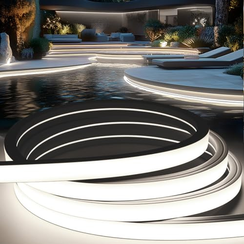 KSIBNW LED Strip Light Outdoor Waterproof Garden, 98.4ft/30m Silicone LED Lights Strip IP65 Flexible Outside Light Rope Cuttable 220V240V Neon Rope for Kitchen BedroomIndoor Decor,Cool White 6000K