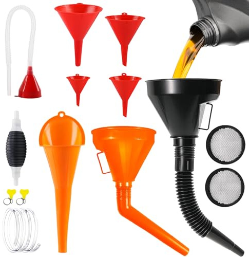 10 Stück Trichter Set, Flexibles Kunststoff EinfüLltrichter Set Trichter mit Schlauch Öltrichter mit Abnehmbarem Auslauf und Langen Öleinfülltrichter für KFZ Auto Motorrad