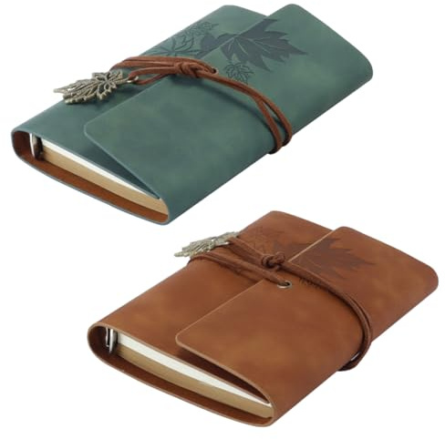Gorise 2-pack läderanteckningsböcker A7, retro läderanteckningsböcker vintage spiralbunden dagbok påfyllningsbar resedagbok skissblock