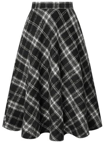 Belle Poque Jupes à carreaux pour femmes vintage taille haute ligne A midi avec poches, jupes plissées polyvalentes pour femmes, Plaid noir et blanc., M