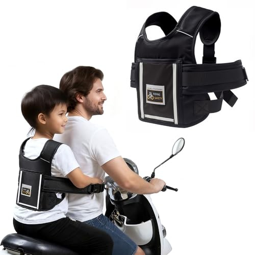 Zuxbolf Cintura Moto per Bambini,Cintura di Dicurezza per Motociclisti,Cinghie Regolabile e Confortevole per Moto con Strisce Riflettenti e Tasca Adatta per Bambini dai 2 ai 12 Anni