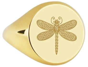 Trollslända i 925 sterlingsilver | Guldpläterad ring | Sigillring i rund form, 14 x 14 mm | Bandstorlek US 5–12,5 Avelaibal | LKDR_0087