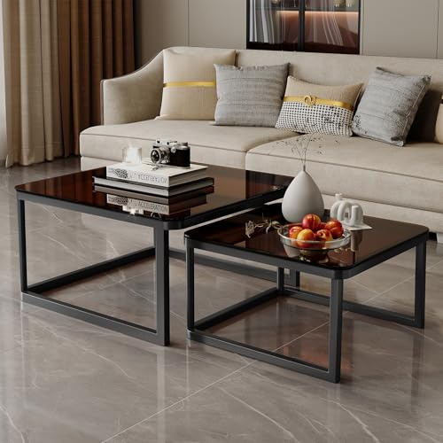 Hawthyhome 2 Stücke quadratisch Set, Couchtisch aus Glas mit Metallrahmen,Moderne Kaffeetische Satztische für Wohnzimmer Schlafzimmer Braun Glas