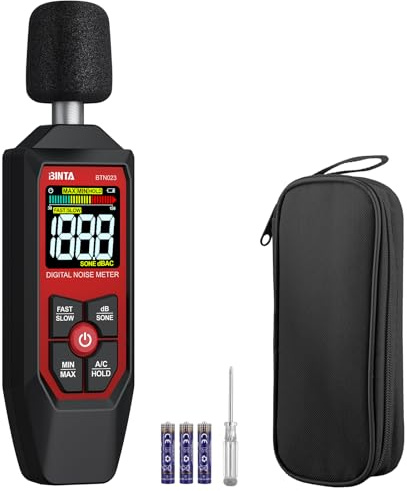 BINTA Medidor Decibelios Decibelímetro Sonómetro Medidor Digital de Nivel de Sonido con A/C Ponderación, Rango 30-130dB,Max/Min, Unidad dB/SONE, Retención de Datos para Casa Oficina Fábrica Vecino