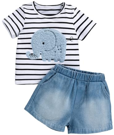 JENJON Conjunto Verano para Bebé Niño Pequeño Manga Corta Bordado de Elefante a Rayas Camiseta y Pantalones Cortos de Mezclilla 2 Piezas Primavera Ropa de Trajes rayado elefante 12-18 Meses
