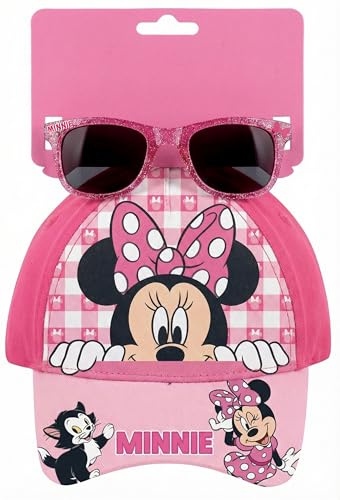Clondo Set Cappello con Visiera e Occhiali da Sole per Bambini (3-8 Anni) | Kit Estivo Personaggi Ufficiali | Berretto 100% Cotone e Occhiali Protezione UV | Idea Regalo per Minnie Fan