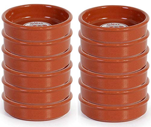 Pack de 12 Cazuelas redondas de barro, diámetro exterior 9.8 cm, diámetro interior 8.5 cm, aptas para vitro y horno
