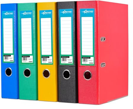 A4 Lever Arch File 5 Pack 70mm Finger Pull Stationery Document Storage Assorted Bright Colours FSC Certified - Pack of 5