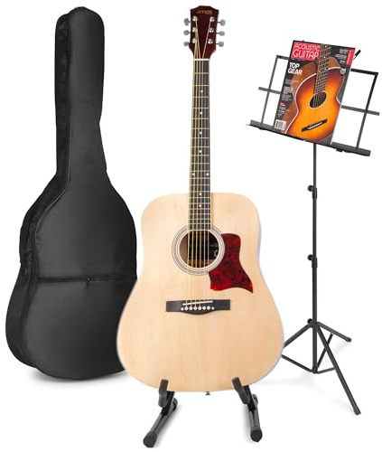 MAX SoloJam Akustik Gitarre Set - Westerngitarre, Gitarrenständer, Notenständer, Gitarrentasche, Plektrum, Gitarrenstimmgerät, Saiten, Gitarren-Starterset mit Zubehör - Natur