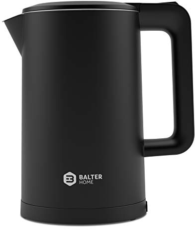 Balter Wasserkocher Edelstahl WK-4, 1,7 Liter, elektrischer Wasserkocher, Doppelwand Design, BPA frei, LED, Teekocher Kompakt, leise (Schwarz)