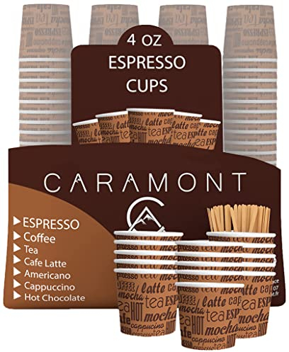Caramont,200 Vasos Carton Desechables para Café Espresso de 4 onzas 110 ml con agitadores de madera, ecológicos y desechables, resistentes al calor