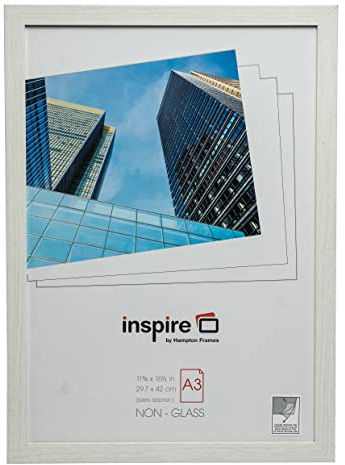 Hampton Frames, marco de fotos A3, blanco, MDF efecto madera, Plexi sin vidrio, colgador horizontal o vertical | Portapóster para pared, adecuado para documentos y pósteres