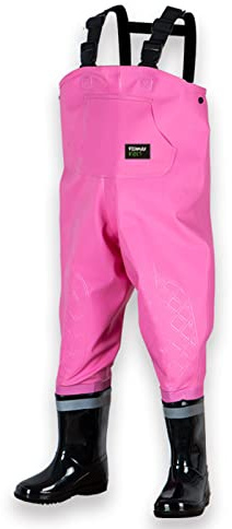 Kids Chest Waders Waterproof Pant PVC Youth Waders with Boots Fishing & Hunting Waders for Boys & Girls,Age 2-13,Pink,34-35
