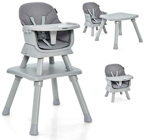 COSTWAY 6 en 1 Chaise Haute Bébé Evolutive avec Plateau Amovible, Chaise d'Alimentation Convertible avec Harnais à 5 Points, Table de Blocs de Construction, Charge 25kg, 6-36 Mois (Gris)