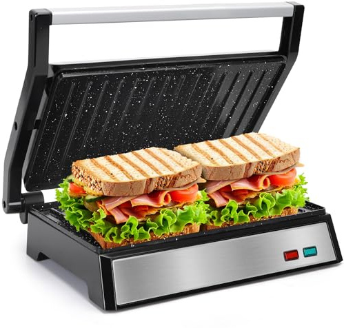 Aigostar 1500W Panini Press & Indoor Electric Grill, Healthy Ceramic Non-Stick Sandwich Toaster, 180° Flat Open Toastie Maker, Easy Clean with Drip Tray, Floating Hinge, Silver - Hett Pro