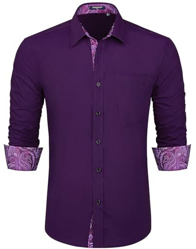 HISDERN Men's Dress Shirts Long Sleeve Classic Business Regular Fit Wedding Work Non Iron Shirt with Pocket Purple 3XL
