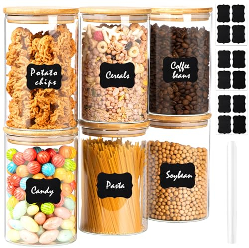 Rogerom 1100ml Glass Storage Jars with Bamboo Lid, 6 Pack Clear Glass Food Storage Containers, Airtight Large Kitchen Jars for Pasta Cereal Flour Rice Noodles Tea Sugar Coffee Bean Cookie 37oz