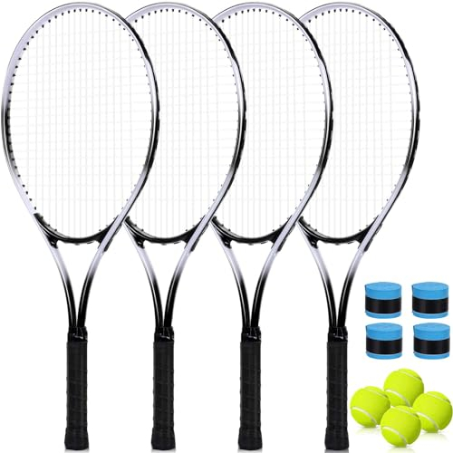 VercanMonth 4 Pack Tennis Rackets for Adults Recreational 4 Players Pre Strung 27 Inch Tennis Racquets Lightweight Rackets Bulk with Balls Overgrips for Training(Black)