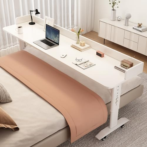 Solid Wood Overbed Desk with Wheels - Adjustable Height, Computer Table for Bed